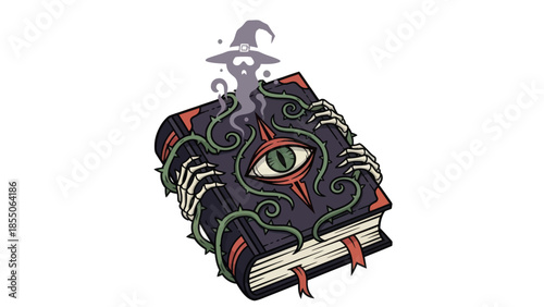Mysterious spellbook with skeletal hands, magical eye, and wizard hat ghost
