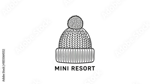 Hand-drawn knitted beanie hat with pompom and text 'MINI RESORT', winter apparel logo.