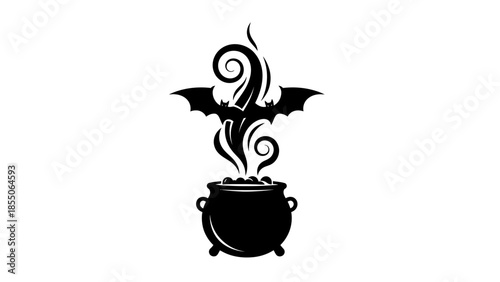 Halloween Witch Cauldron with Bat Silhouette and Swirling Smoke