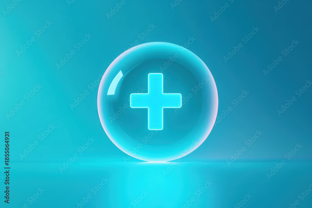 Obraz premium glowing turquoise health orb encapsulating radiant plus emblem on serene gradient backdrop perfect for wellness wallpaper or medical illustration banner
