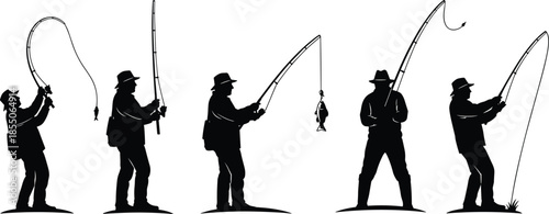 Collection of black silhouettes of fishermen holding rods and catching fish isolated on white background for outdoor recreational hobby concepts.