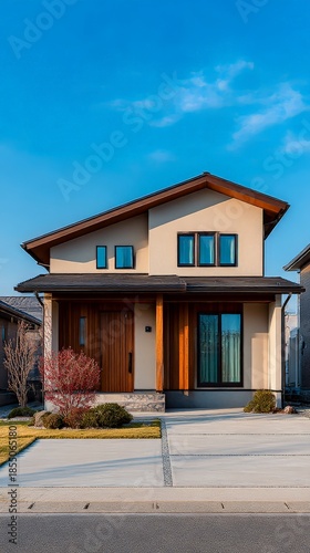 Modern New Residential House with Yellow Roof Under Blue Sky Contemporary City Home Exterior with Brick Facade Garage and Family Residence Architecture Construction Design