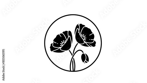 Black Silhouette Poppies in Circle Emblem, Minimalist Floral Icon