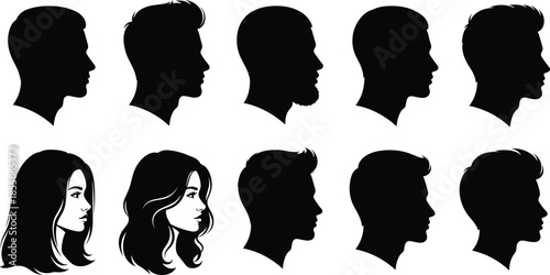 Collection of black silhouettes of male and female head profiles with different hairstyles isolated on white background for salon identity.