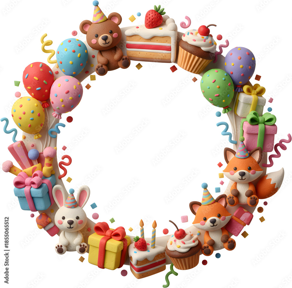 Fototapeta premium A colorful circular wreath featuring clay-style animal figures like a bear and a fox