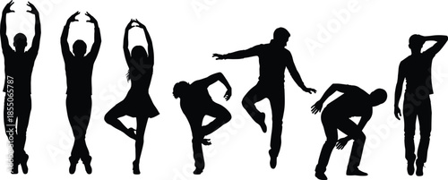 Collection of black silhouettes of people dancing and performing expressive contemporary movements isolated on white background for artistic stage performance.