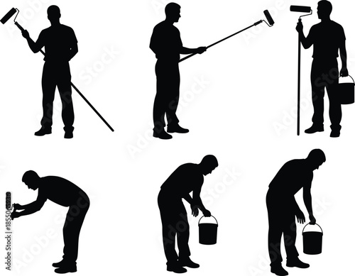 Collection of black silhouettes of professional house painters using rollers and carrying paint buckets isolated on white background for renovation.