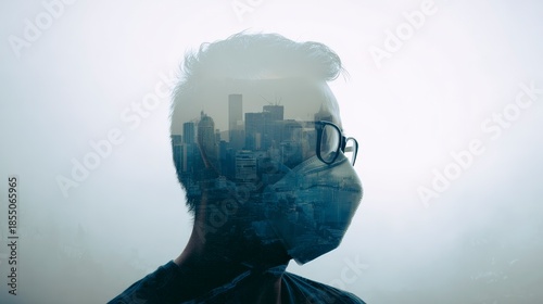 Double exposure art capturing urban skyline and silhouette with mask, symbolizing modern city life and environmental awareness.