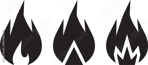 Fire flame icons set, black silhouettes, heat energy symbols, burning danger concept, minimalist vector illustration, isolated on white background, design