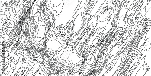 Abstract black and white contour lines forming a dynamic, textured pattern resembling topographical maps or flowing organic shapes on a white background