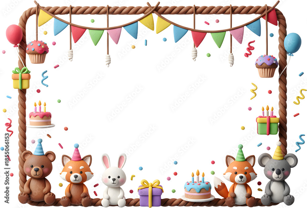 Fototapeta premium 3D frame featuring colorful clay-like animals and party decorations