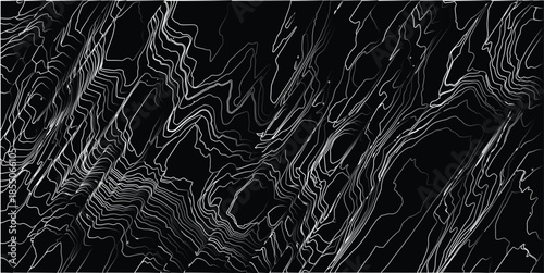 Abstract topographic contour lines in grayscale and white on a dark background creating a textured and dynamic visual pattern representing elevation and depth
