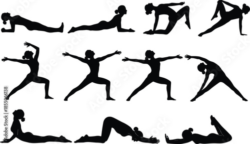 Collection of black silhouettes of women practicing yoga and fitness poses isolated on white background for wellness and meditation concepts.