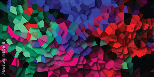 Vibrant abstract mosaic of colorful polygonal shapes in green, blue, pink, and red hues with sharp edges and a dark background
