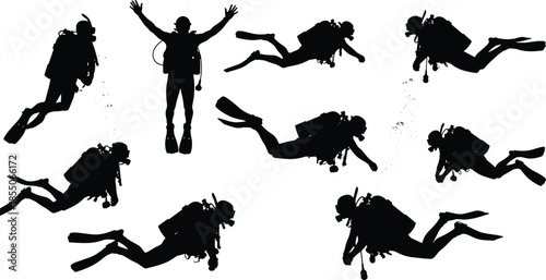 Collection of black silhouettes of scuba divers swimming underwater with oxygen tanks and fins isolated on white background for diving.