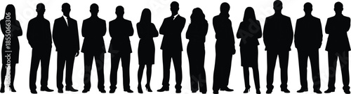 Large set of black silhouettes of business people and corporate professionals in formal suits isolated on white background for teamwork.
