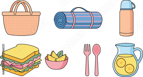 Cute picnic items illustration set with basket, food, blanket, drink bottle, tableware and lemonade, flat vector summer outdoor concept