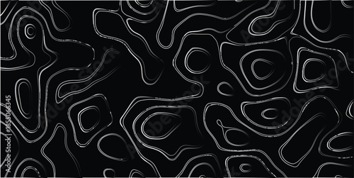 High contrast abstract topographic contour lines in white and silver on a black background creating a striking, energetic, and modern graphic pattern with sharp edges and a sense of depth