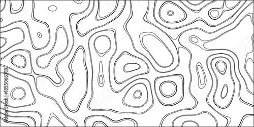 Simple black and white abstract topographic map contour lines pattern with bold, clean lines on a white background, providing a minimalist and versatile graphic element for design