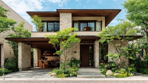Old Wooden House in Forest Village Landscape with Traditional Asian Architecture, Rustic Home Surrounded by Nature, Trees, Garden, Stone Path and Sky
