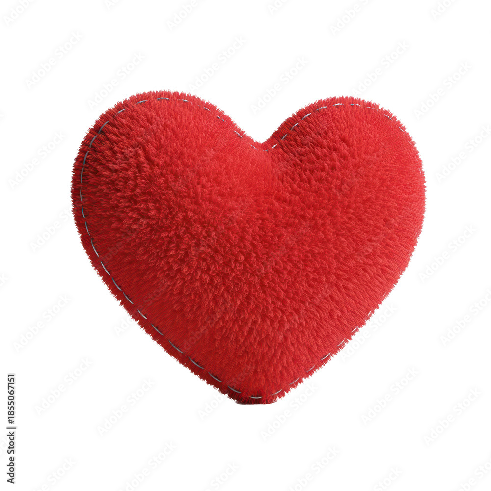 Fototapeta premium Cute red fluffy plush heart with stitches, soft fabric love symbol, isolated on transparent background
