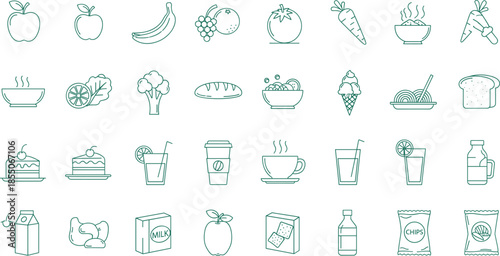 Food and drink icon set in line style featuring fruits, vegetables, beverages, desserts, and packaged goods for nutrition design