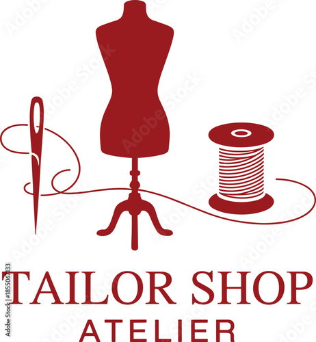 Tailor shop atelier logo design with mannequin needle and thread, elegant black and white fashion sewing brand identity