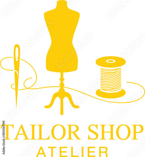 Tailor shop atelier logo design with mannequin needle and thread, elegant black and white fashion sewing brand identity