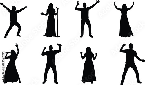 Set of black silhouettes of singers and performers on stage isolated on white background for concert event entertainment and music promotion.