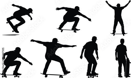 Set of black silhouettes of young men performing tricks on skateboards isolated on white background for extreme sports and urban.