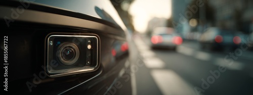 a close up view of a modern vehicle's rear end with a high tech license plate camera system installed. it is parked in an urban setting during daylight hours