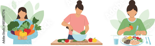 Healthy eating process illustration showing ingredient selection, meal preparation, and balanced food consumption for nutrition awareness