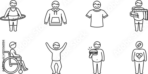 People activity outline icon vector set with lifestyle, hobby, disability, shopping, fitness, and daily routine characters in simple line art style