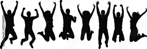 Black silhouettes of group of happy people jumping in the air isolated on white background for success celebration and freedom.
