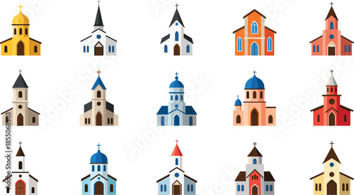 Church and chapel vector illustration set with colorful religious buildings, Christian architecture icons for faith, worship, community, and landmark design concepts
