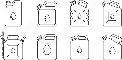 Fuel and oil can outline vector set with jerrycan container icons, gasoline and liquid storage symbols for automotive, industrial, and safety design concepts