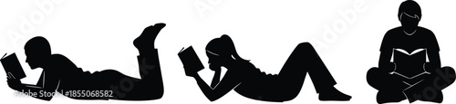 Black silhouettes of people reading books lying down and sitting cross legged isolated on white background for education and literacy.