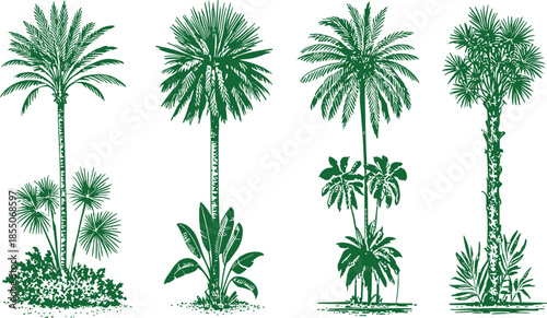 Vintage palm tree illustration set in monochrome brown, tropical botanical landscape elements, retro engraving style nature collection design