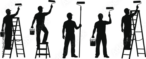 Black silhouettes of professional house painters and decorators using rollers and ladders isolated on white background for home renovation industry.
