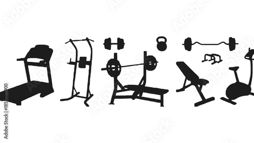 A collection of gym equipment silhouettes on a white background.