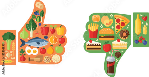 Healthy vs unhealthy food icons in thumbs-up and thumbs-down hands for nutrition awareness and dietary choice illustration
