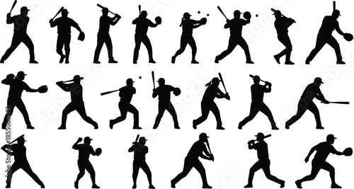 Collection of black silhouettes of baseball and softball players batting and pitching isolated on white background for team sport promotion.