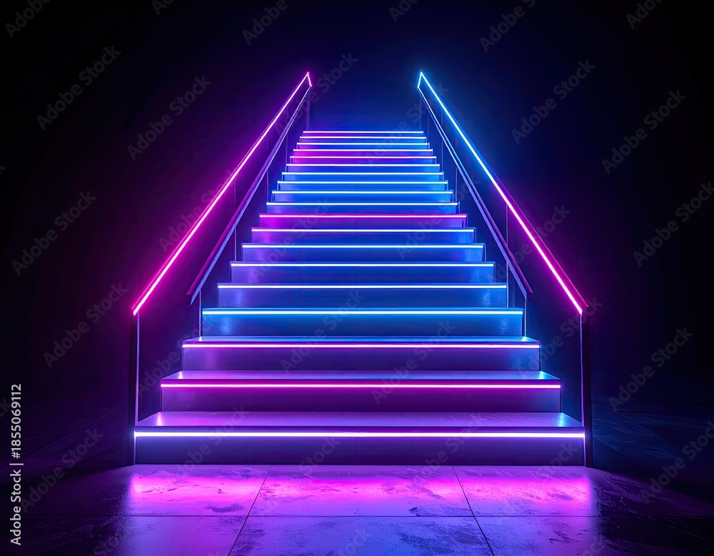 Fototapeta premium Illuminated staircase with vibrant magenta and blue neon lights ascending into darkness