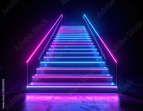 Illuminated staircase with vibrant magenta and blue neon lights ascending into darkness