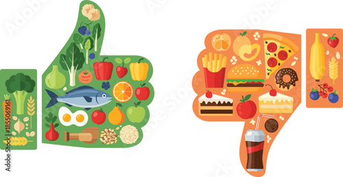 Healthy vs unhealthy food icons in thumbs-up and thumbs-down hands for nutrition awareness and dietary choice illustration