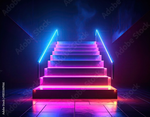 Illuminated staircase with neon blue and pink lighting in a dark, abstract setting