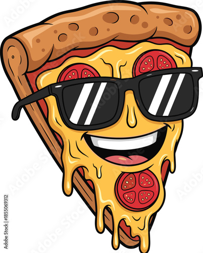 Cartoon pizza slice character, cool food mascot with sunglasses, smiling pepperoni design, fun snack icon - flat vector illustration
