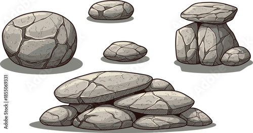 Cartoon rocks and boulders, natural stone shapes, geology elements, textured formations, cairn pile, cracked surface detail - flat vector illustration