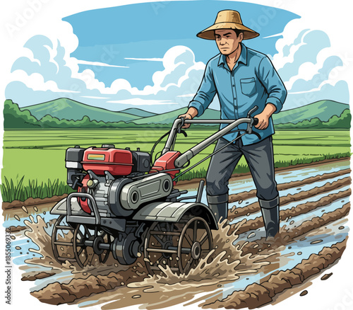 Farmer Plowing Rice Field with Tilling Machine Vector Illustration