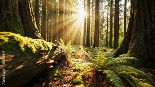 Sunlight filters through ancient forest canopy